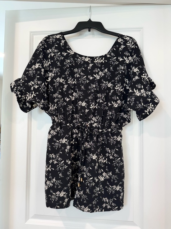 Pants - Black Floral Drawstring Romper